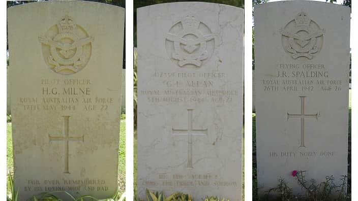 Headstone of 3 airmen at Karachi War Cemetery, Karachi, Pakistan.