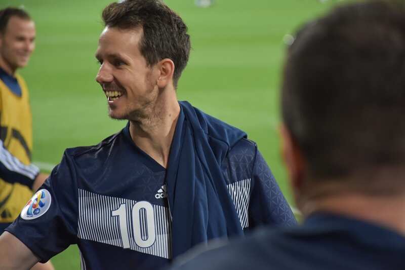 Melbourne's Robbie Kruse shows his delight after Melboure Victory beat Bali United on 21 January in Melbourne. 
