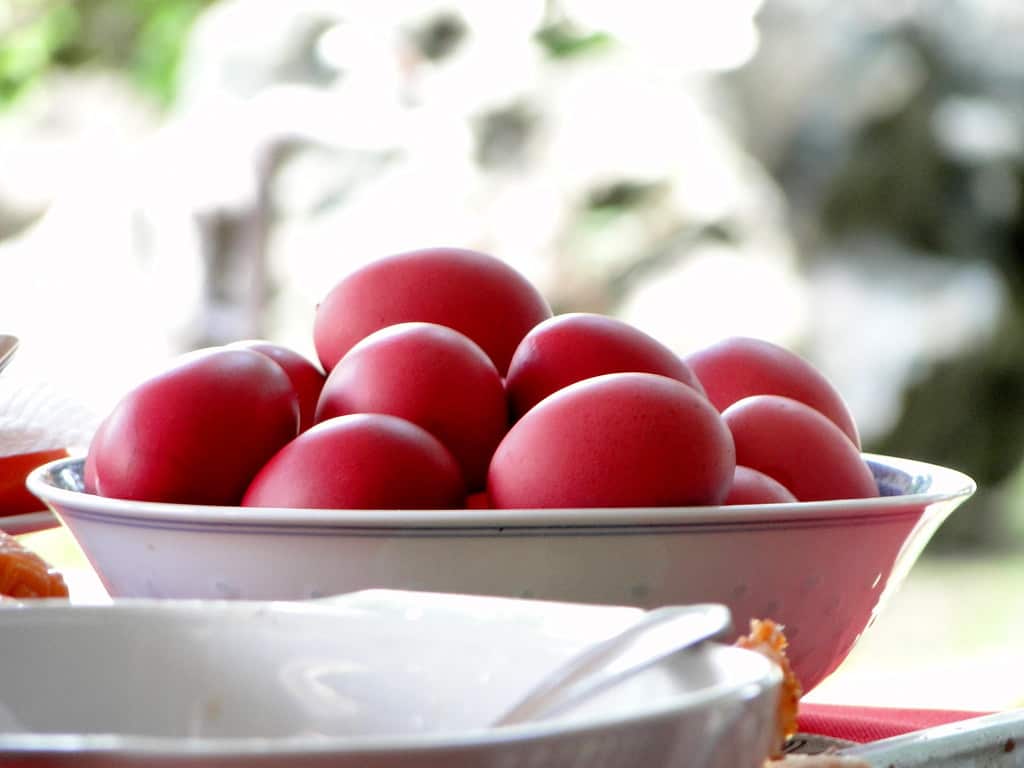 Red eggs. For Christians eggs at Easter symbolise rebirth.