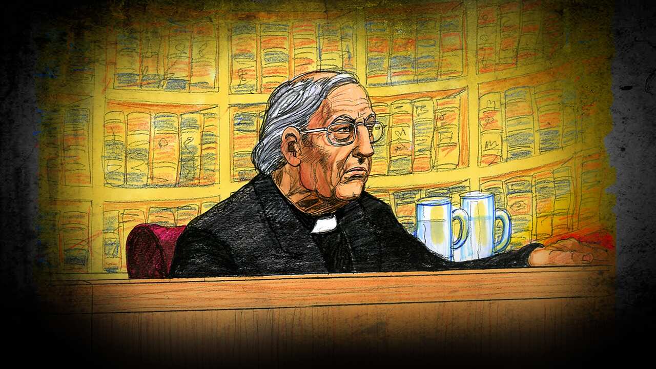 A court sketch of Cardinal George Pell at the Supreme Court of Victoria in Melbourne in August last year.