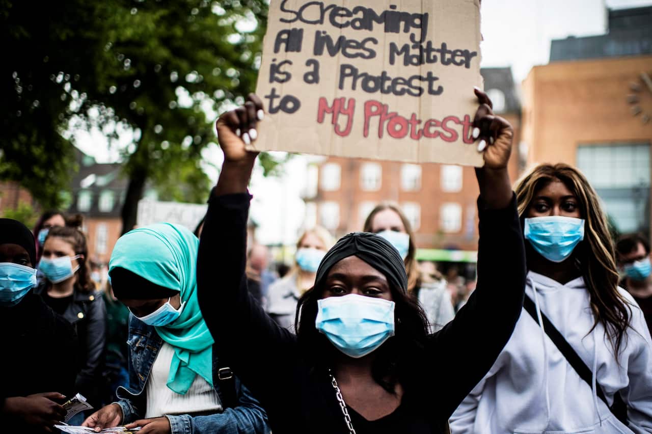 Protesters gather during a Black Lives Matter demonstration against racism in Odense, Denmark, on June 10. 