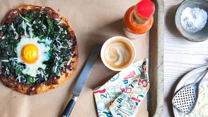 Egg and bacon jam breakfast pizzas