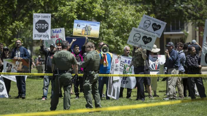 Opponents of President of Turkey Recep Tayyip Erdogan rally in Lafayette Park during meetings between Erdogan and US President DOnald J. 
