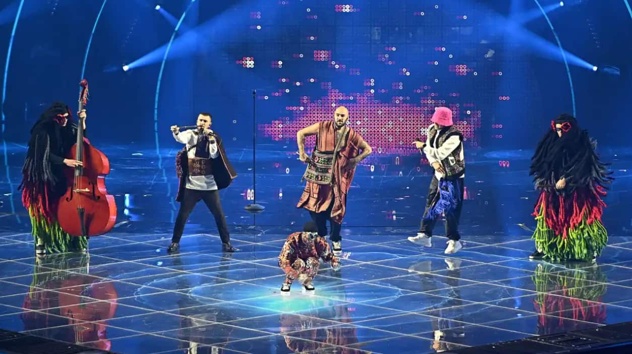 Kalush Orchestra from Ukraine with the song 'Stefania' perform during the first semi-final of the 66th annual Eurovision Song Contest in Turin, Italy, 10 May 2022.