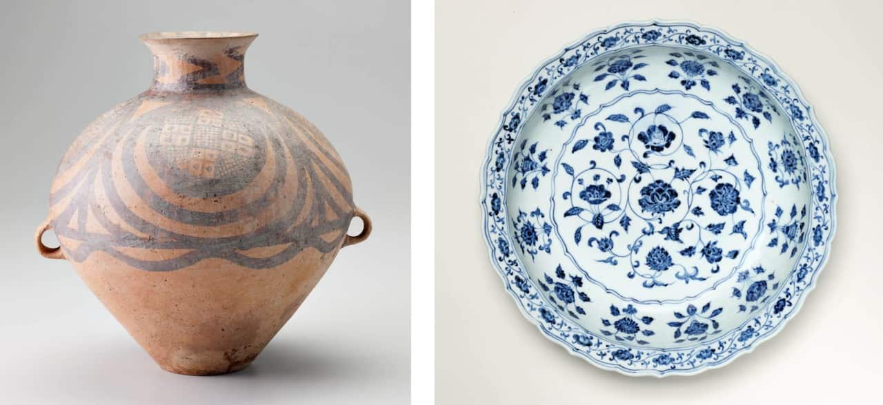Left to right: China, Qinghai province, Neolithic period, Majiayao culture (c2350–2050 BCE) Jar with painted decoration; China, Ming dynasty, Yongle period (1403–24) Jingdezhen ware blue-and-white large dish with floral scroll design, Art Gallery of New S