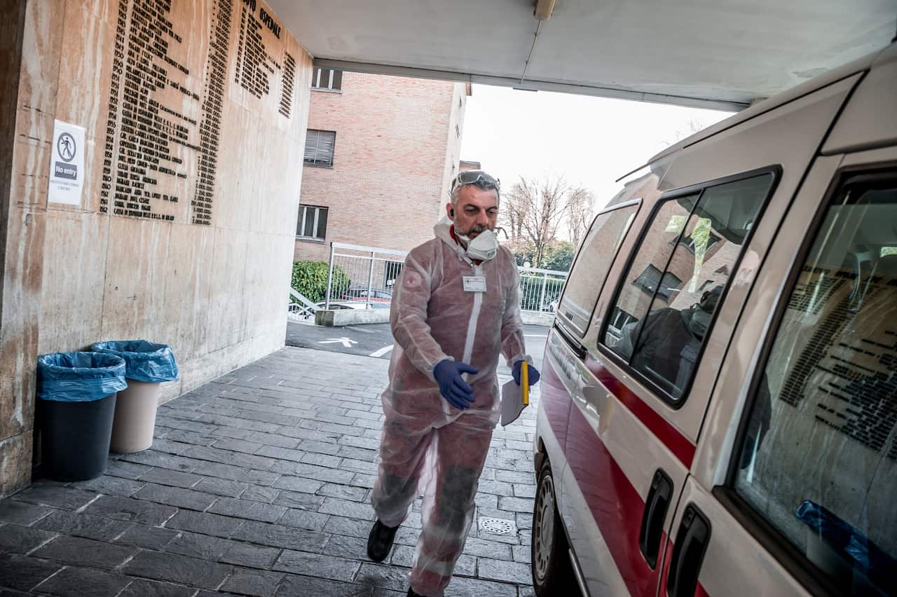 Corona Virus Covid-19 emergency in Codogno closed shops and people with masks In the photo the closed Codogno hospital.