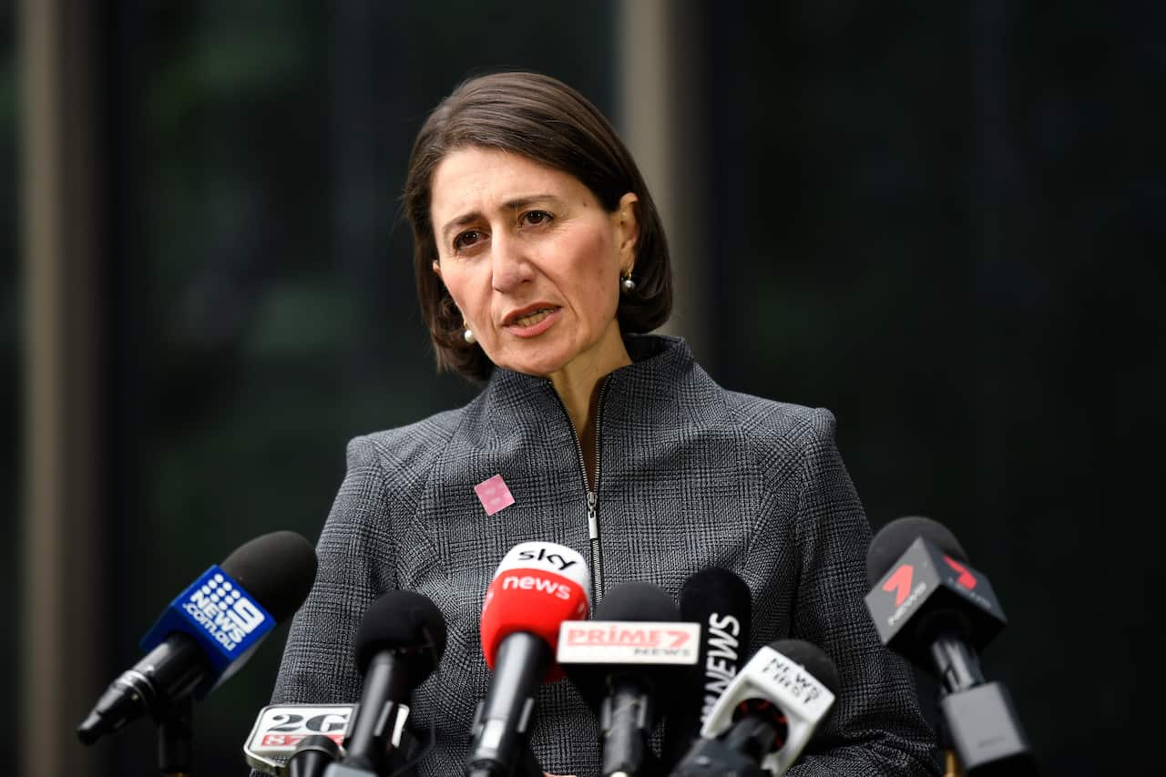 NSW Premier Gladys Berejiklian speaks to the media during a press conference in Sydney, Monday, April 20, 2020. 