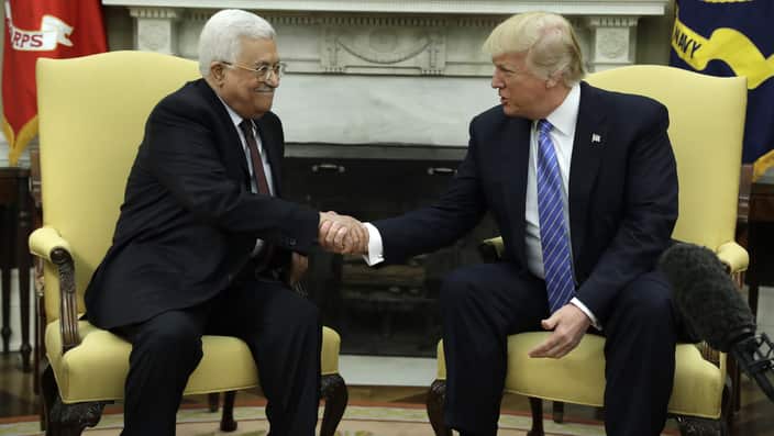 President Donald Trump shakes hands with with Palestinian leader Mahmoud Abbas during their meeting in the Oval Office of the White House, Wednesday, May 3, 2017, in Washington. (AP Photo/Evan Vucci)