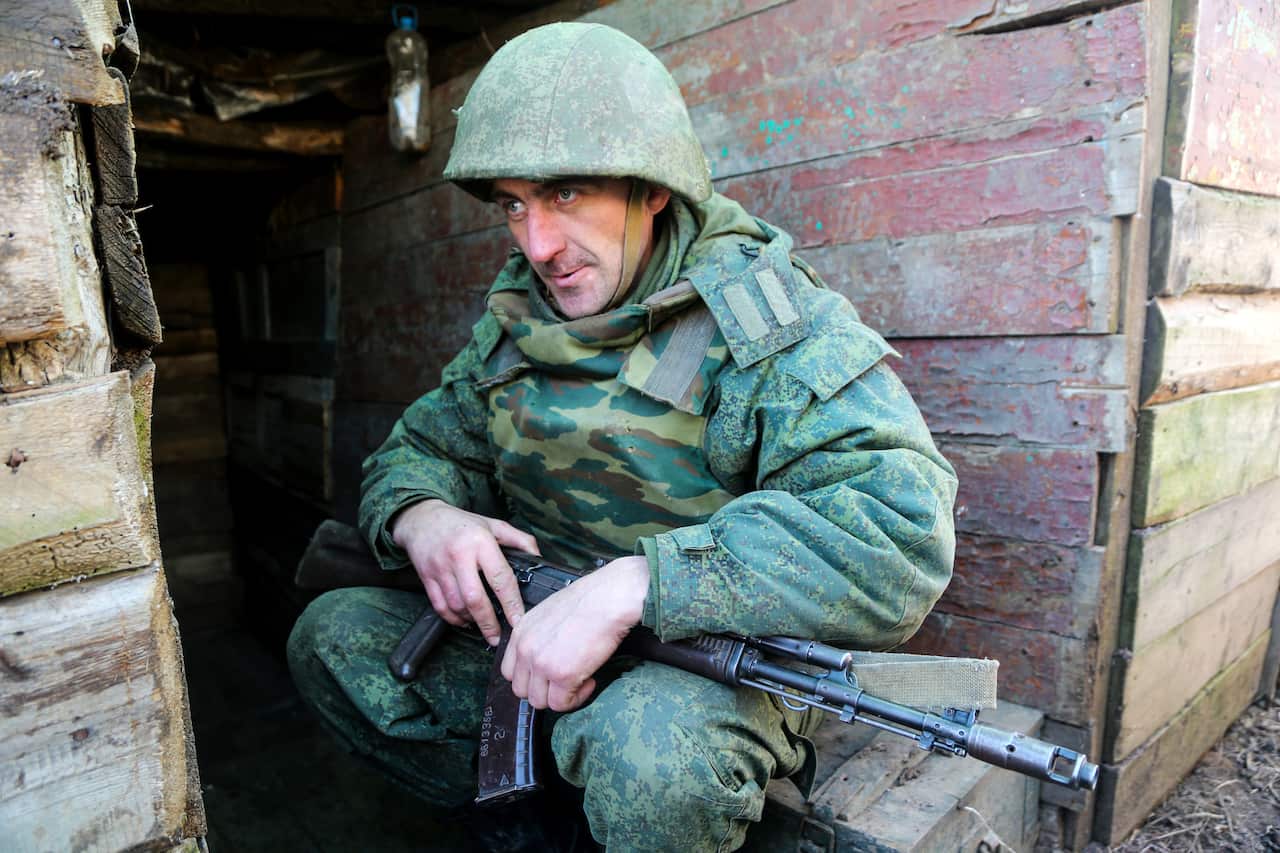 DONETSK REGION, UKRAINE FEBRUARY 15, 2022: A serviceman of the Donetsk People's Militia stationed on the front line near the rural town of Staromikhailovka, west of Donetsk. Valentin Sprinchak/TASS/Sipa USA