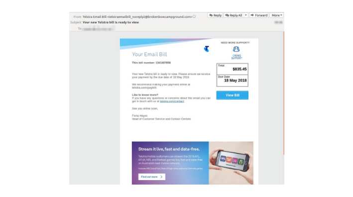 An example of a fake Telstra bill.
