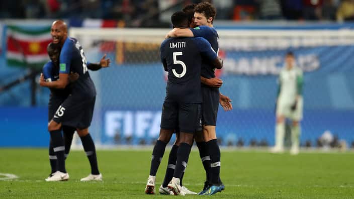 Benjamin Pavard and Samuel Umtiti of France celebrate the win after the 2018 FIFA World Cup Russia Semi Final match between Belgium and France. 