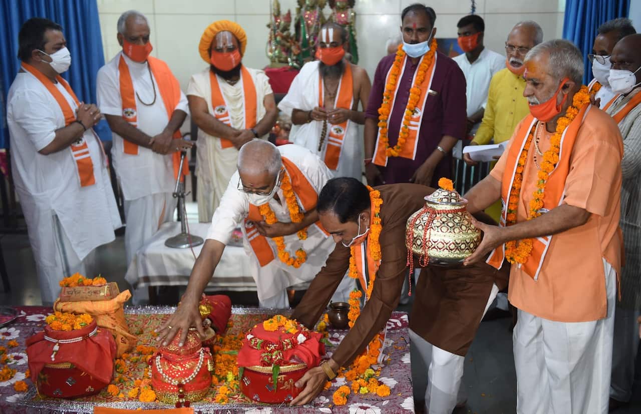 Rituals being performed on sacred soil and water brought from various Hindu holy spots which will be taken to the ground-breaking ceremony of the Ram Temple.
