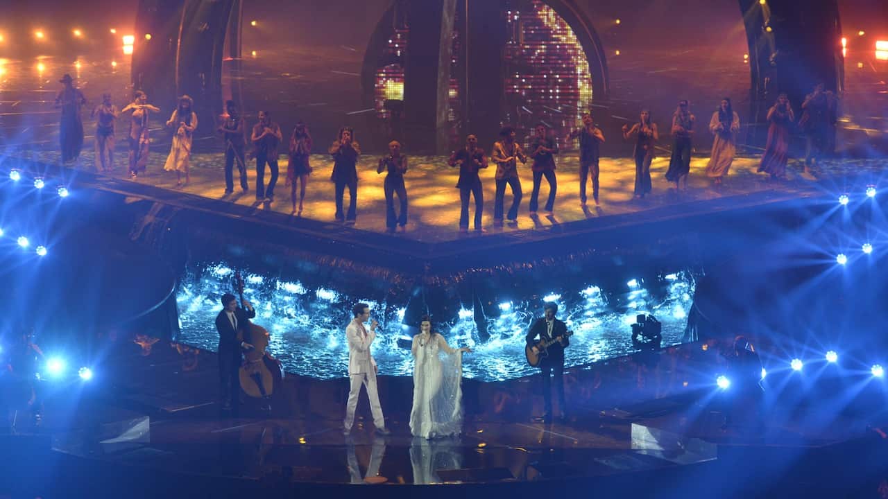 TURIN, ITALY - MAY 12: Mika and Laura Pausini are seen on stage during the second semi-final of the 66th Eurovision Song Contest on May 12, 2022