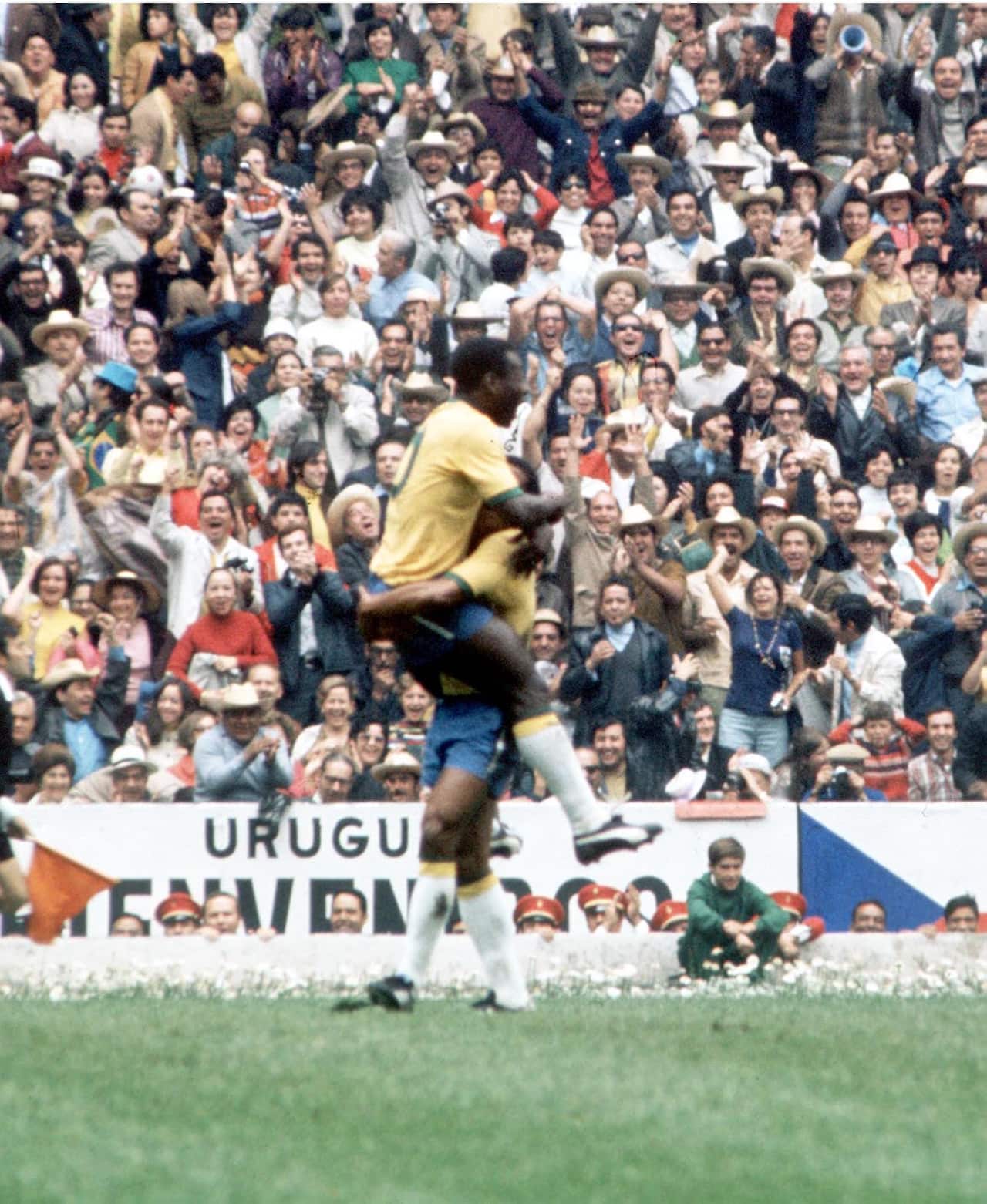 Brazil's Pelé celebrates after scoring the game's opening goal in the eighteenth minute, past Italian goalkeeper Enrico Albertosi