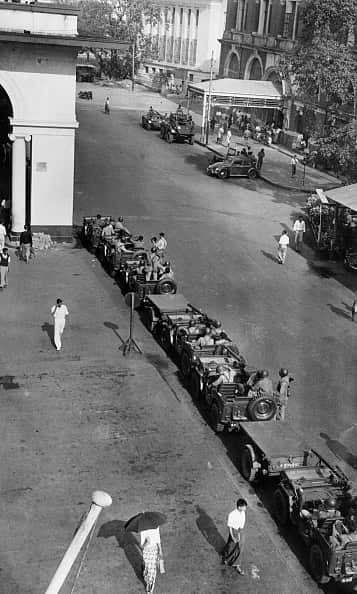 Military forces guard the streets of Rangoon, 04 march 1962, after the military putch commanded by General Ne Win. / AFP PHOTO / - (Photo credit should read -/AFP via Getty Images)