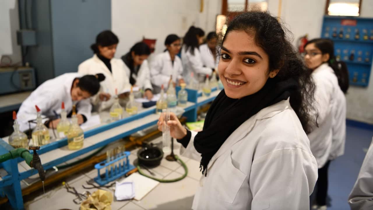 Chemistry class laboratory in Rajas College who is a college of the University of Delhi located in North Campus of the university in New Delhi, India. 