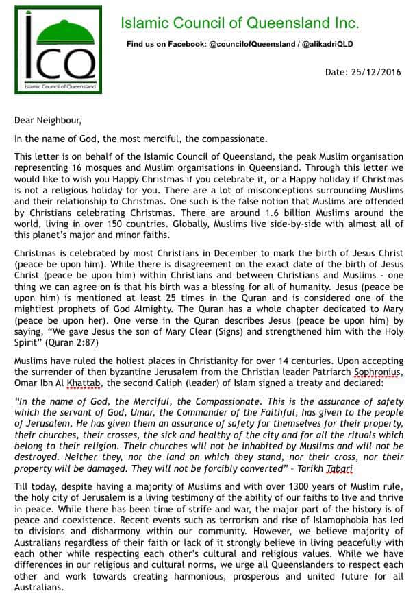 Islamic Council of Queensland's letter wishing Christmas to non-Muslims