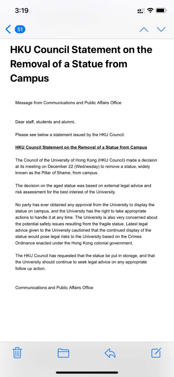 HKU Council Statement on the Removal of a Statue from campus.