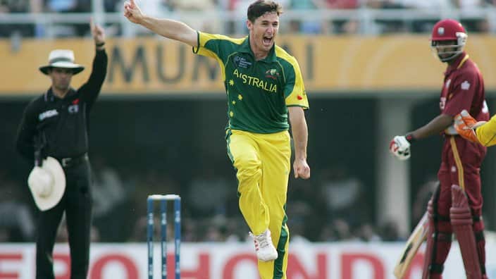 Australian cricketer, Brad Hogg, center, celebrates after claiming the wicket of West Indies' Dwayne Bravo, in the final of the ICC Trophy cricket tournament in Mumbai, India, Sunday Nov. 5, 2006. (AP Photo/Saurabh Das)