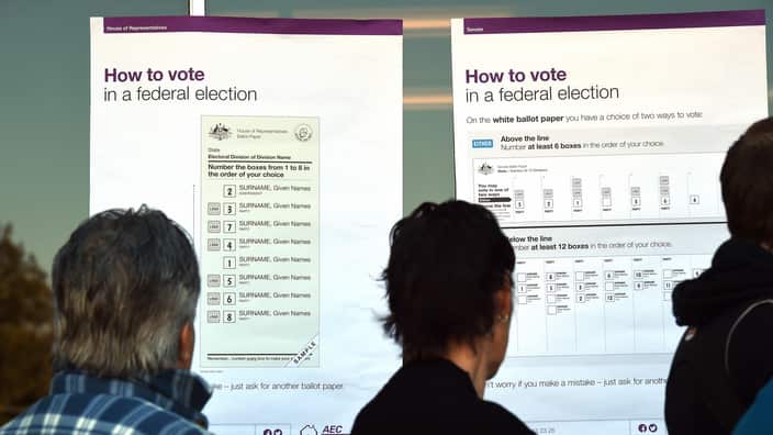 Posters explaining how to vote are seen outside a polling booth in Brisbane, Saturday, July 2, 2016. About 15 million Australians will cast their vote in today's federal election. (AAP Image/Dan Peled) NO ARCHIVING