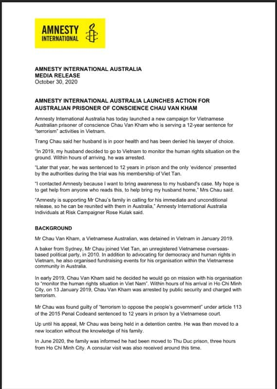 Thông cáo báo chí của International Amnesty Australia về chiến dịch toàn cầu đòi trả tự do cho 'tù nhân lương tâm' Châu văn Khảm, trang 1