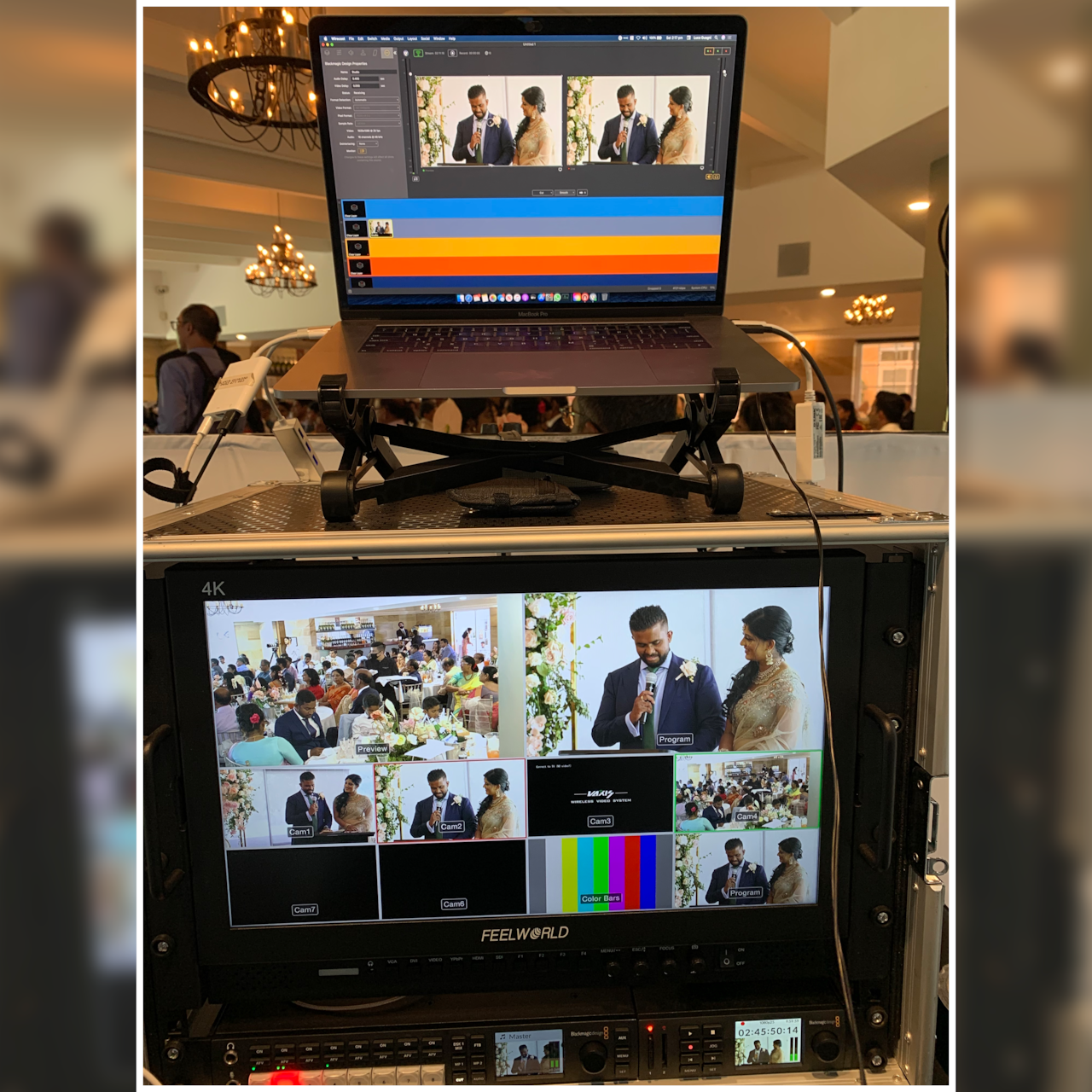 Screen with different camera angles at an Indian wedding.