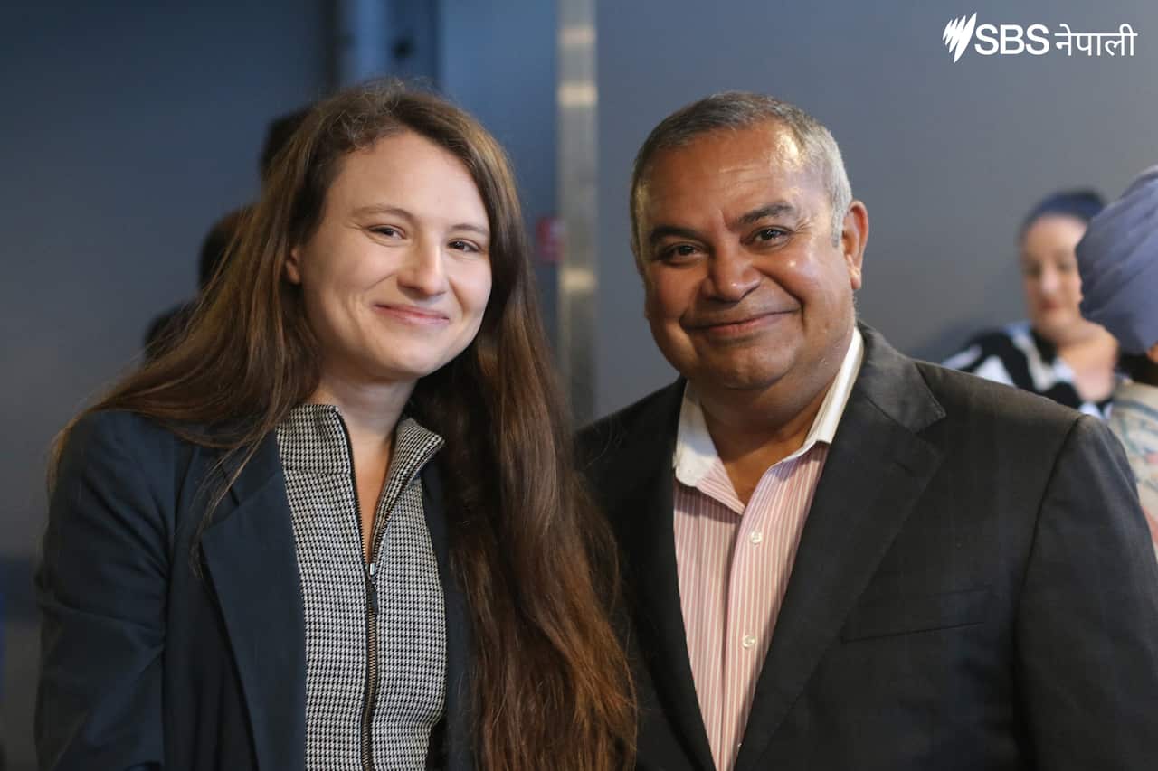 Multicultural NSW Media Manager Ania Dutka (L) and CEO of Indian Link Media Group Pawan Luthra (R) attending the 2021 Diwali Media Doorstep Event.