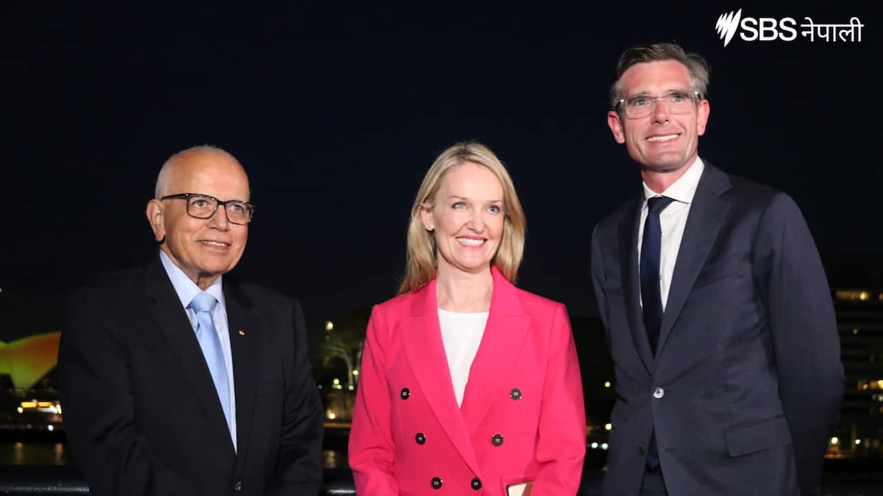 Dr. GK Harinath OAM (L), Minister for Multiculturalism Natalie Ward (C) and NSW Premier Dominic Perrottet (R) at the 2021 Diwali Media Doorstep Event.