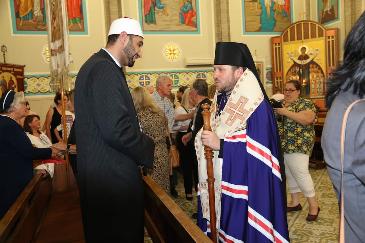 Sheikh Alaa from the Australian National Imams Council and Bishop Mykola Bychok from the Ukrainian Catholic Church.