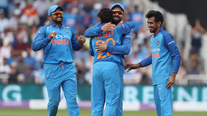 India's Kuldeep Yadav is congratulated by team mates after dismissing David Willey during the One Day International Series match at Trent Bridge, Nottingham.