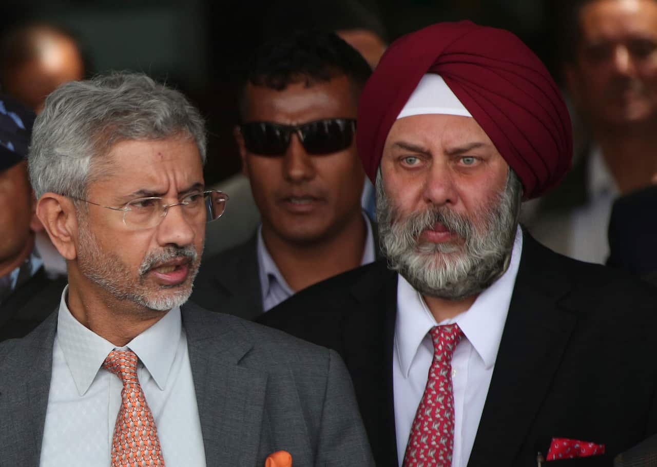 India's Foreign Minister Subrahmanyam Jaishankar, left, arrives in Kathmandu, Nepal, Wednesday, Aug. 21, 2019.  (AP Photo/Niranjan Shrestha)