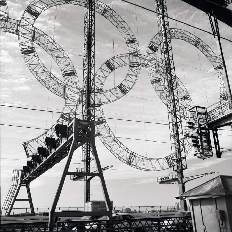 Installation of Olympic rings on Sydney Harbour Bridge, 2000