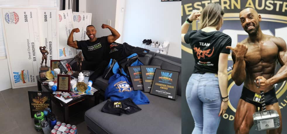 A sx Paolo (con la maglietta della sua azienda Youvegan) mostra i trofei conquistati a Perth. A dx con Silvia, che sfoggia la t-shirt del Team Orco.