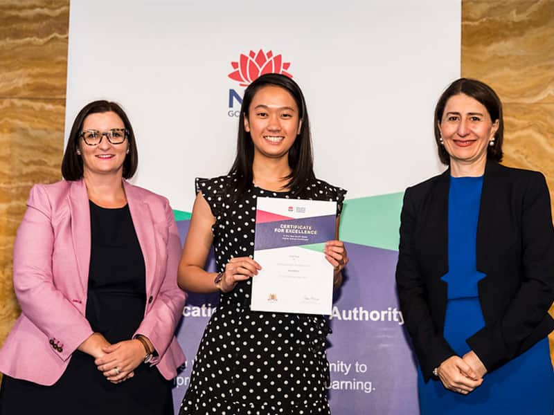 James Ruse Agricultural High School student Jocelin Shing-Yan Hon receives her award for First in Course for Extension 2 Mathematics 