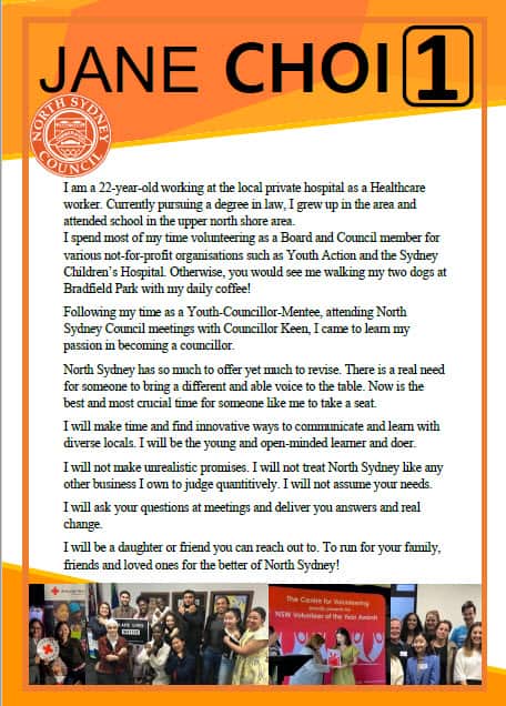 An election poster of Jane Choi, Independent candidate for North Sydney Council. 