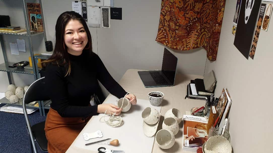 Jenna Lee in her studio in London working on 'Their words Vol.1' for the John Fries Award.  Image credit: Courtesy of the artist. 