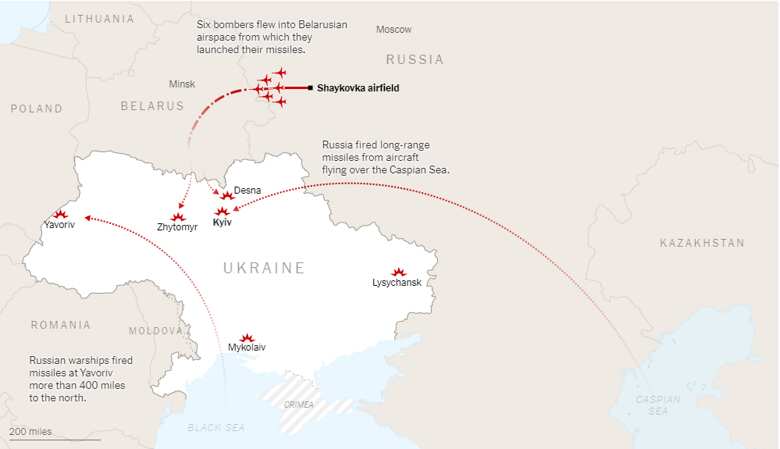 Карту ракетних обстрілів території України опублікувало видання The New York Times.