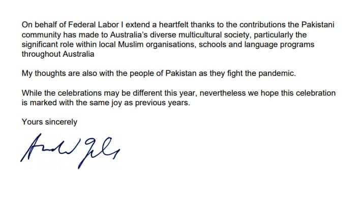 Australia's Labor Party message on Pakistan Independence Day
