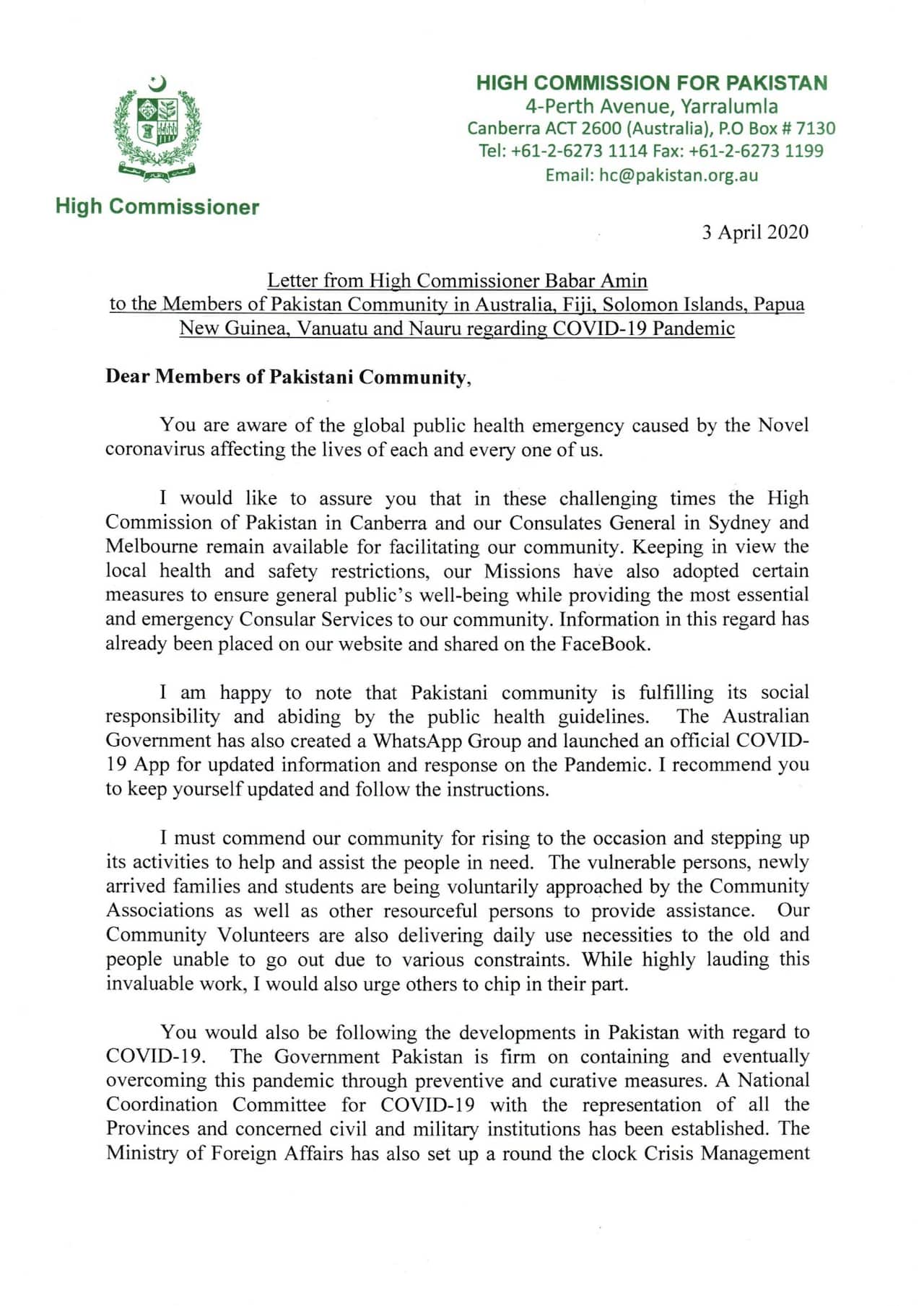 Pakistan High Commission letter COVID-19
