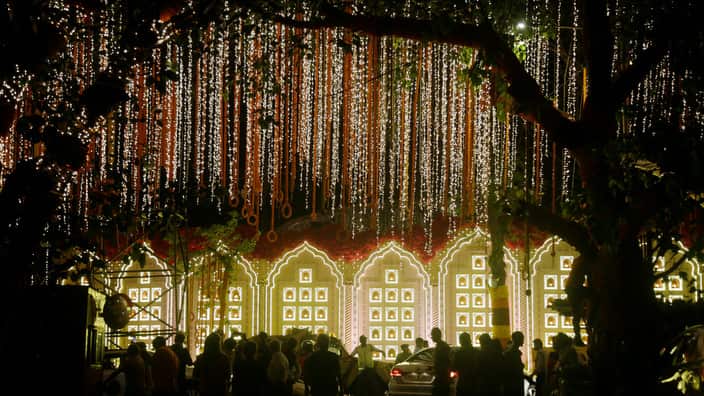 A street is lit-up outside the house of Reliance Industries Chairman Mukesh Ambani ahead of the wedding of his daughter Isha in Mumbai, India.