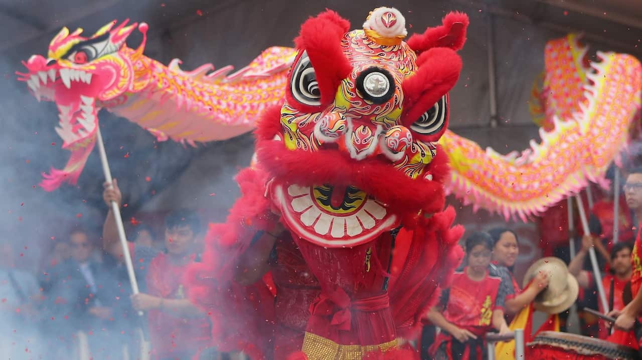 Lion dancers perform during the Georges River Lunar New Year Festival in Sydney, Saturday, January 18, 2020.