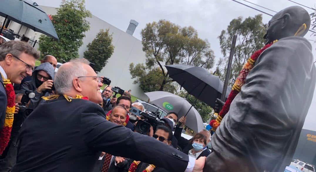 Prime Minister Scott Morrison unveiled Mahatma Gandhi's statue at the Australian Indian Community Charitable Trust's premises at Rowville in Melbourne.