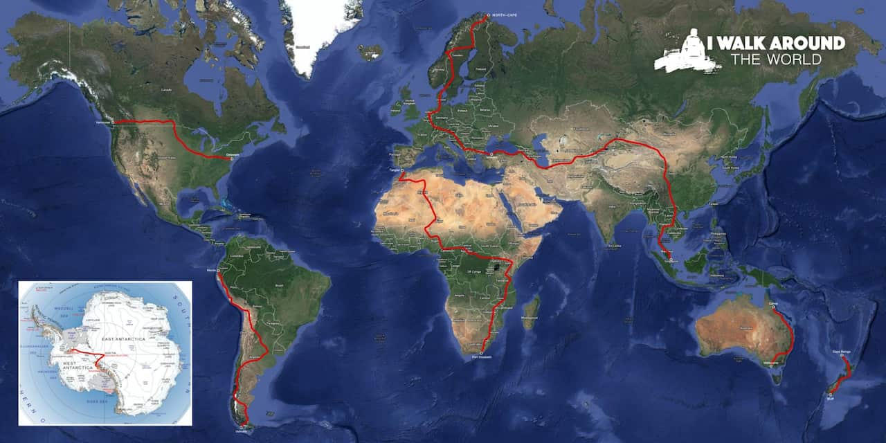 Tom Boerman wants to walk around the world and this is his route map.