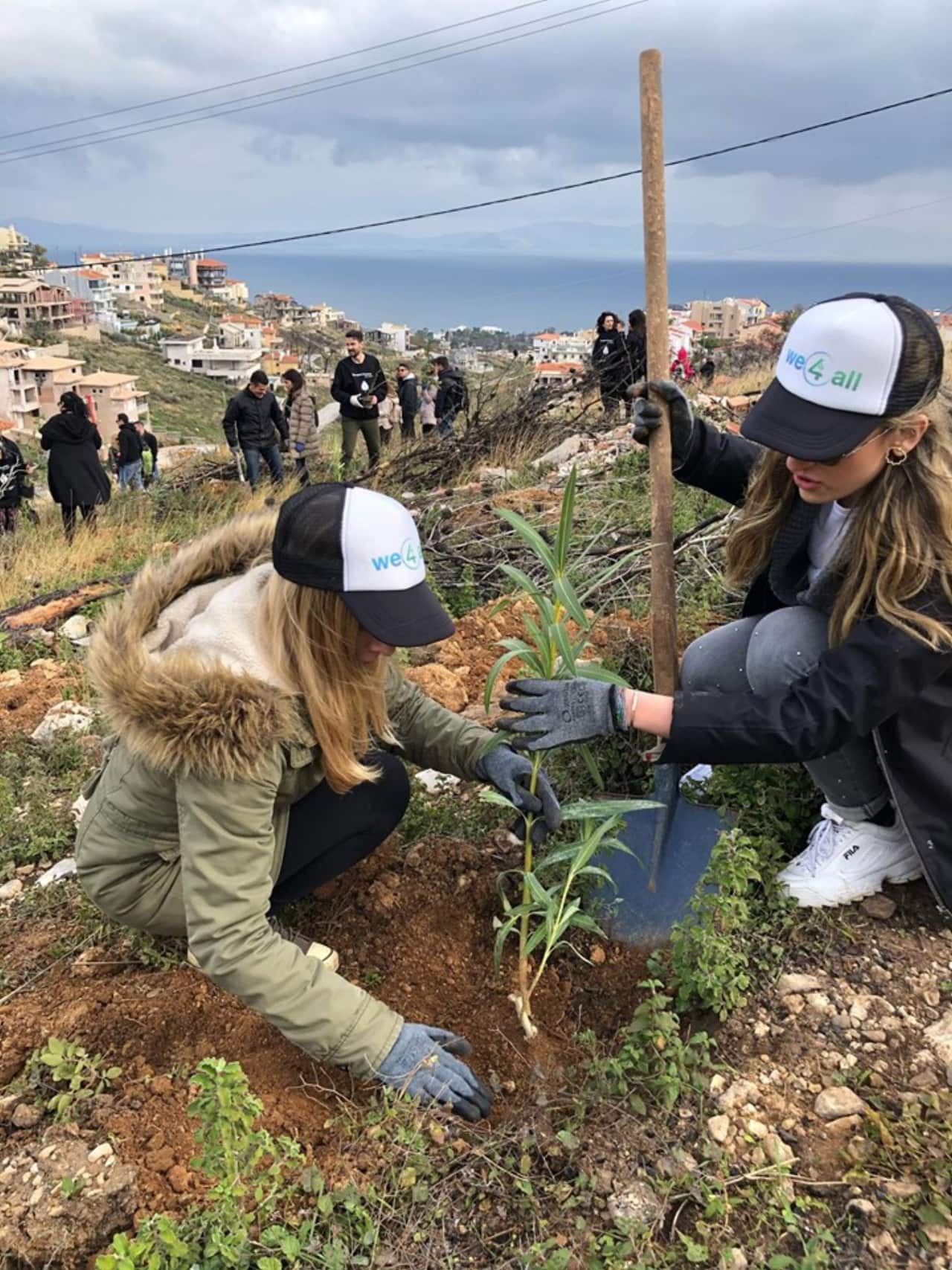 Young Greeks planting trees in a region of Attica