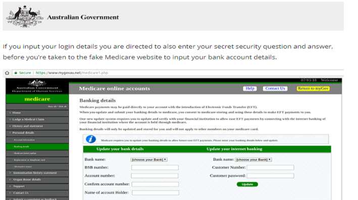 The fake Medicare website to input your bank account details.