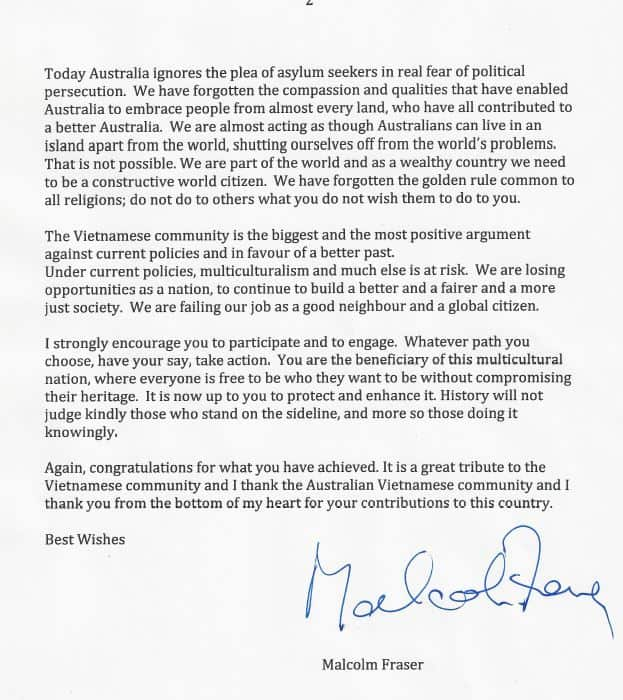 Former PM Malcolm Fraser's message 