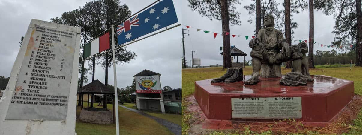 Il monumento al pioniere inaugurato nel 1961 dal Console Italiano di Sydney Giulio Carnevali nel luogo nel quale sorgeva New Italy