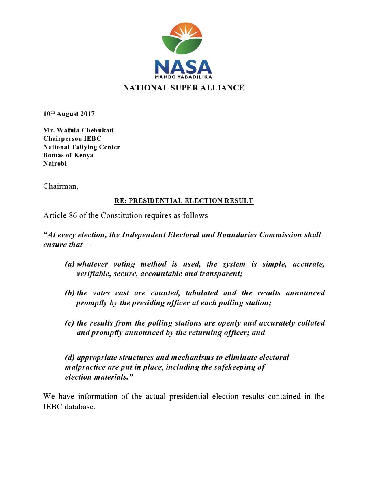 Taarifa ya chama cha muungano wa NASA kwa vyombo vya habari