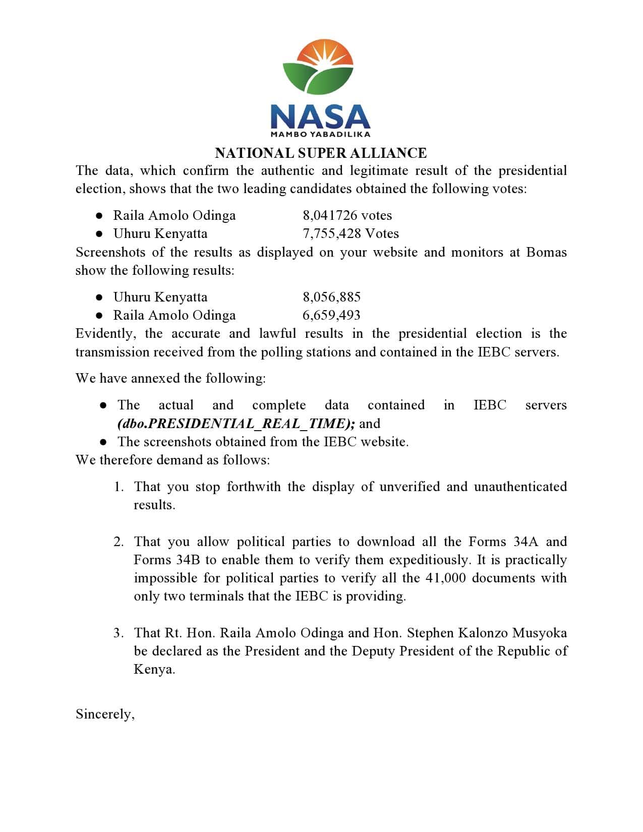 Taarifa ya chama cha muungano wa NASA kwa vyombo vya habari