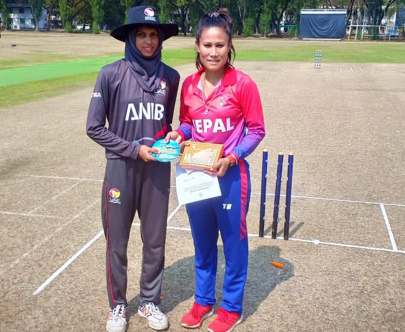 Nepal Women's Cricket captain Rubina Chhetry (right) with the UAE team captain in Thailand during the T20 Smash competition.